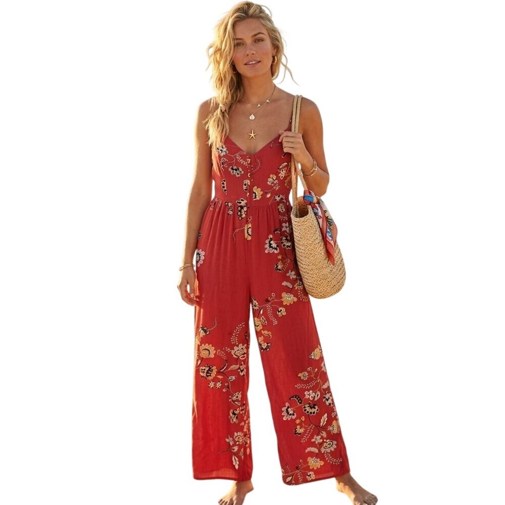 Jaase Jolie Cropped Wide Leg Jumpsuit Womens Small Terracotta Floral Boho V-Neck